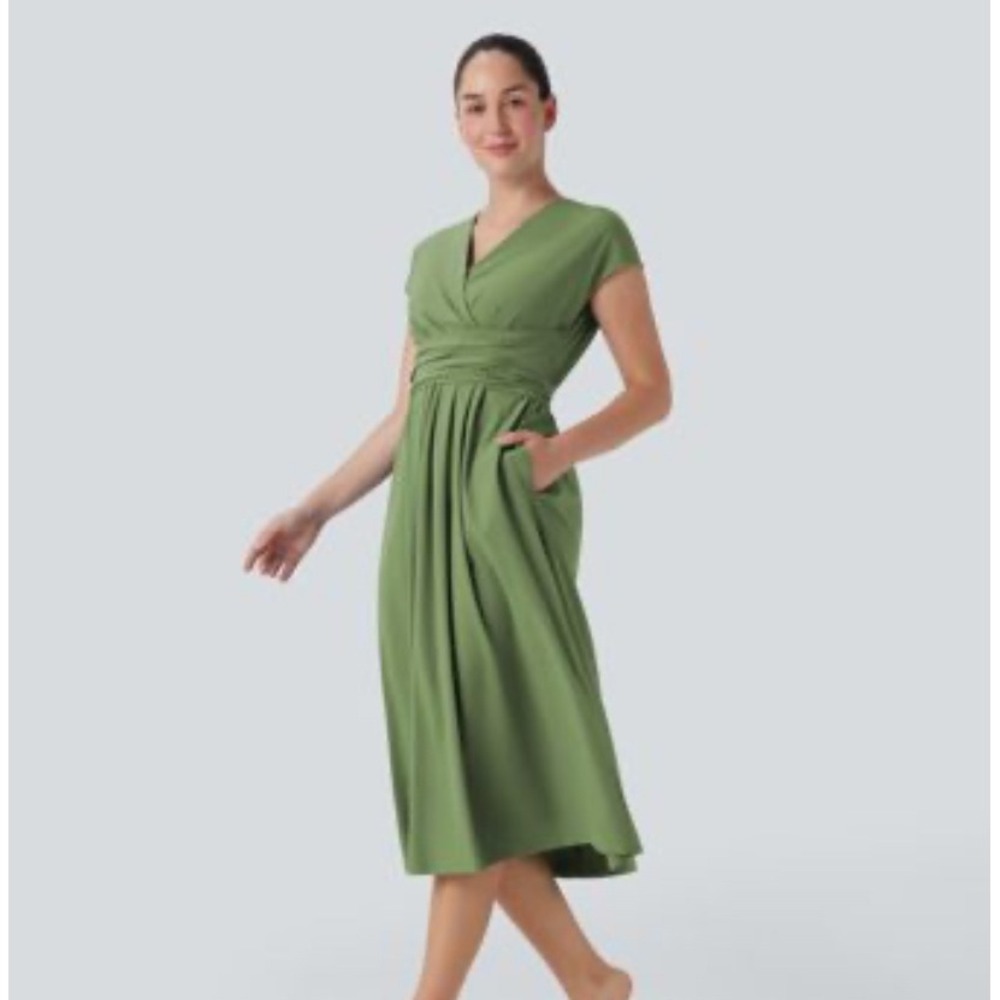 Halara Moss Green V Neck Crisscross Tie Back Pocket Midi Dress Small